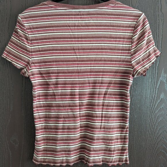 Cute Girly Striped T-Shirt Scalloped Ridged Sleeve - Picture 2 of 5